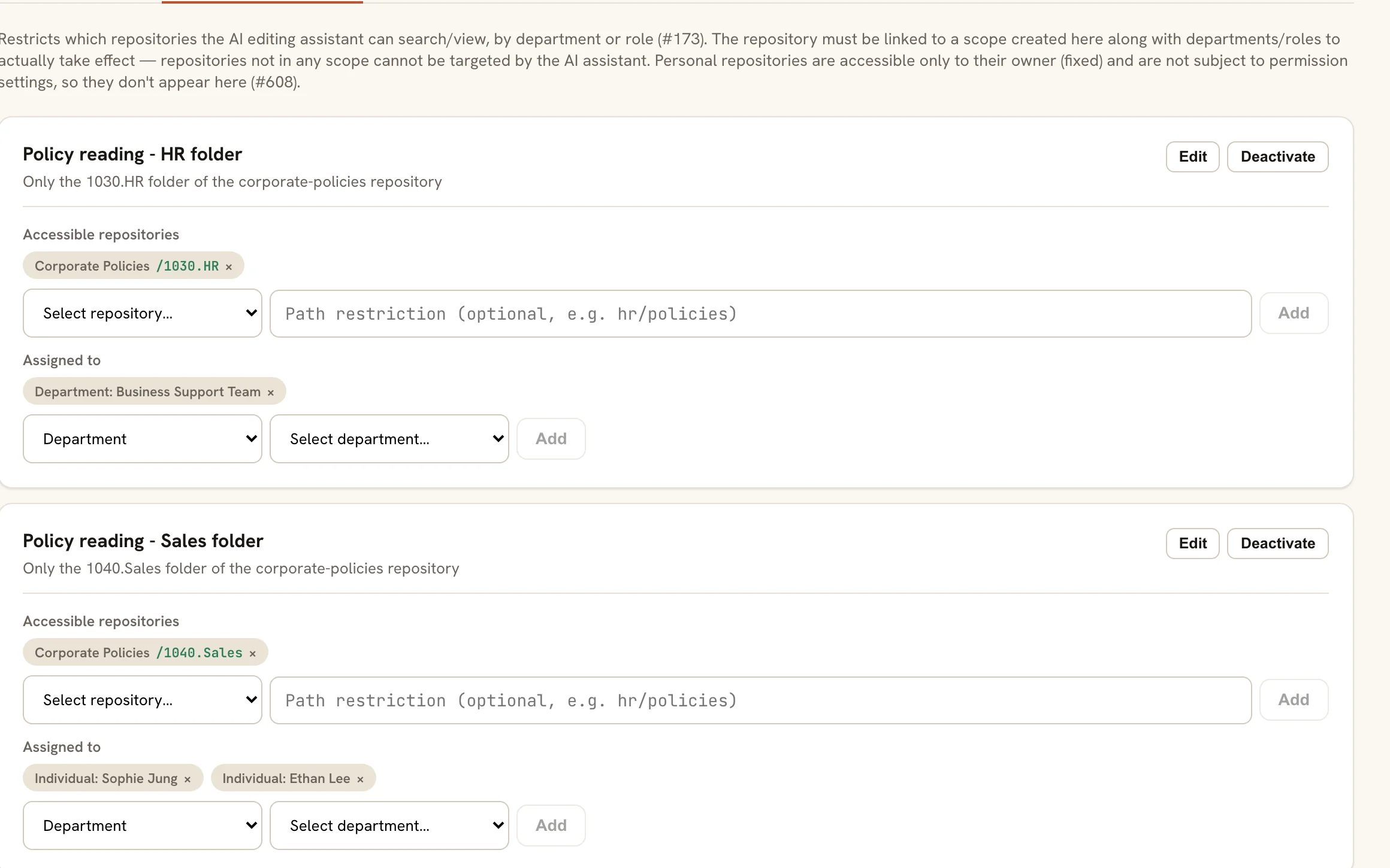 Per-repository and per-folder permissions and workflows