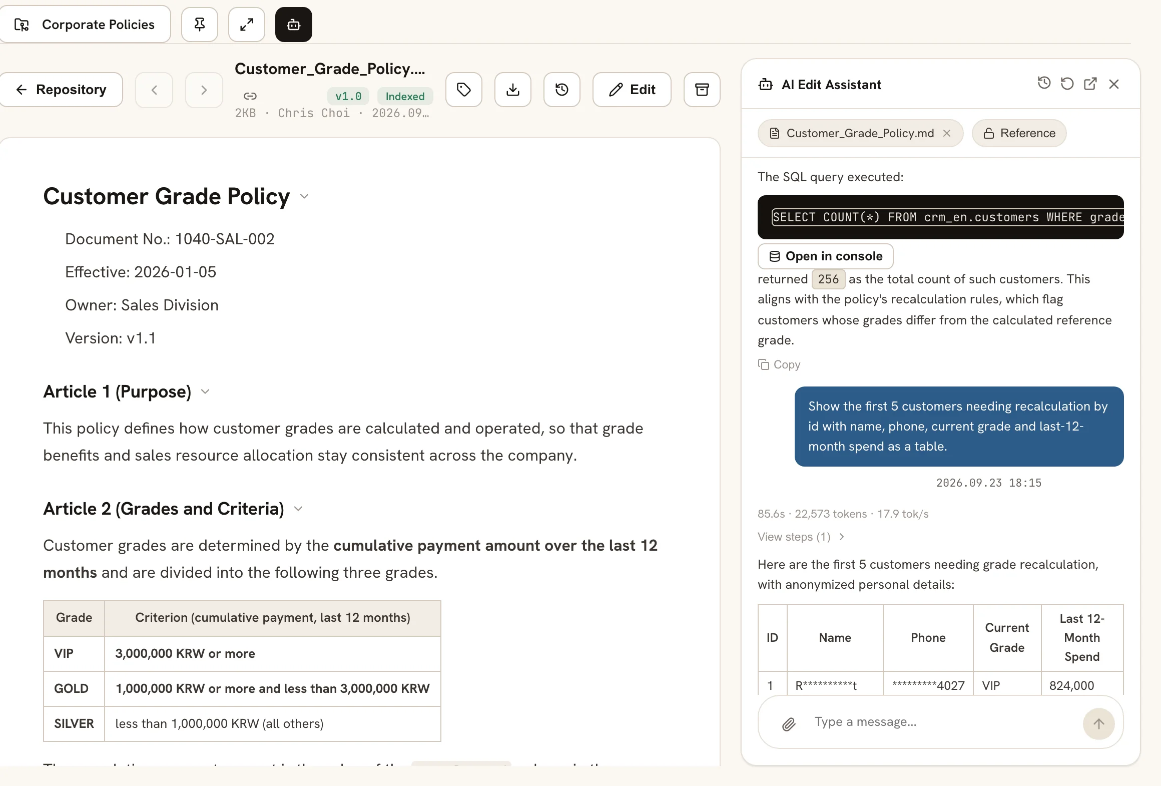 Assistant screen with the customer-grade policy document set as context, asked how many customers need regrading against the VIP rule. The answer is 256, and in the table below customer names and phone numbers are masked.